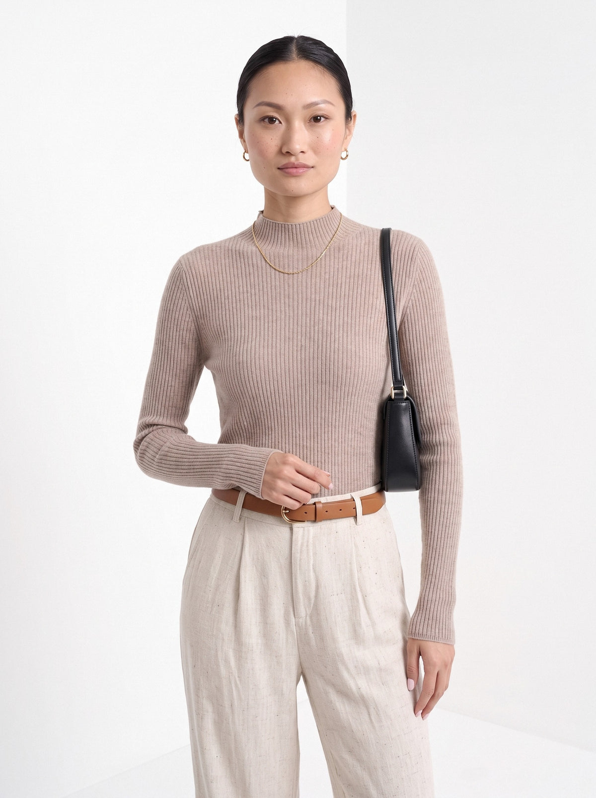 BLENIN cashmere mock neck sweater in camel, front portrait