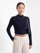 BLENIN cashmere mock neck sweater in navy, front portrait