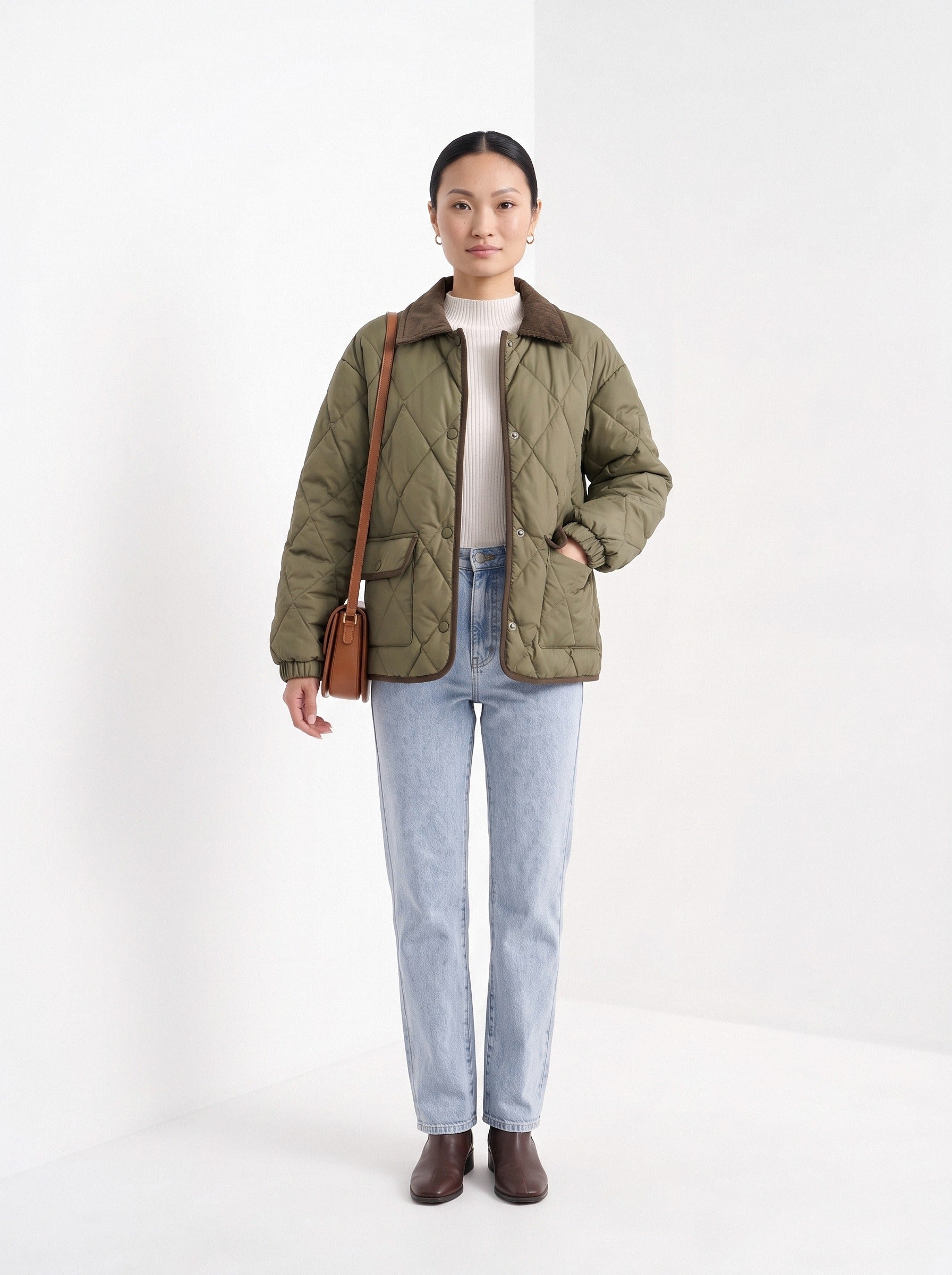 BLENIN quilted corduroy collar jacket in olive, full-length front view