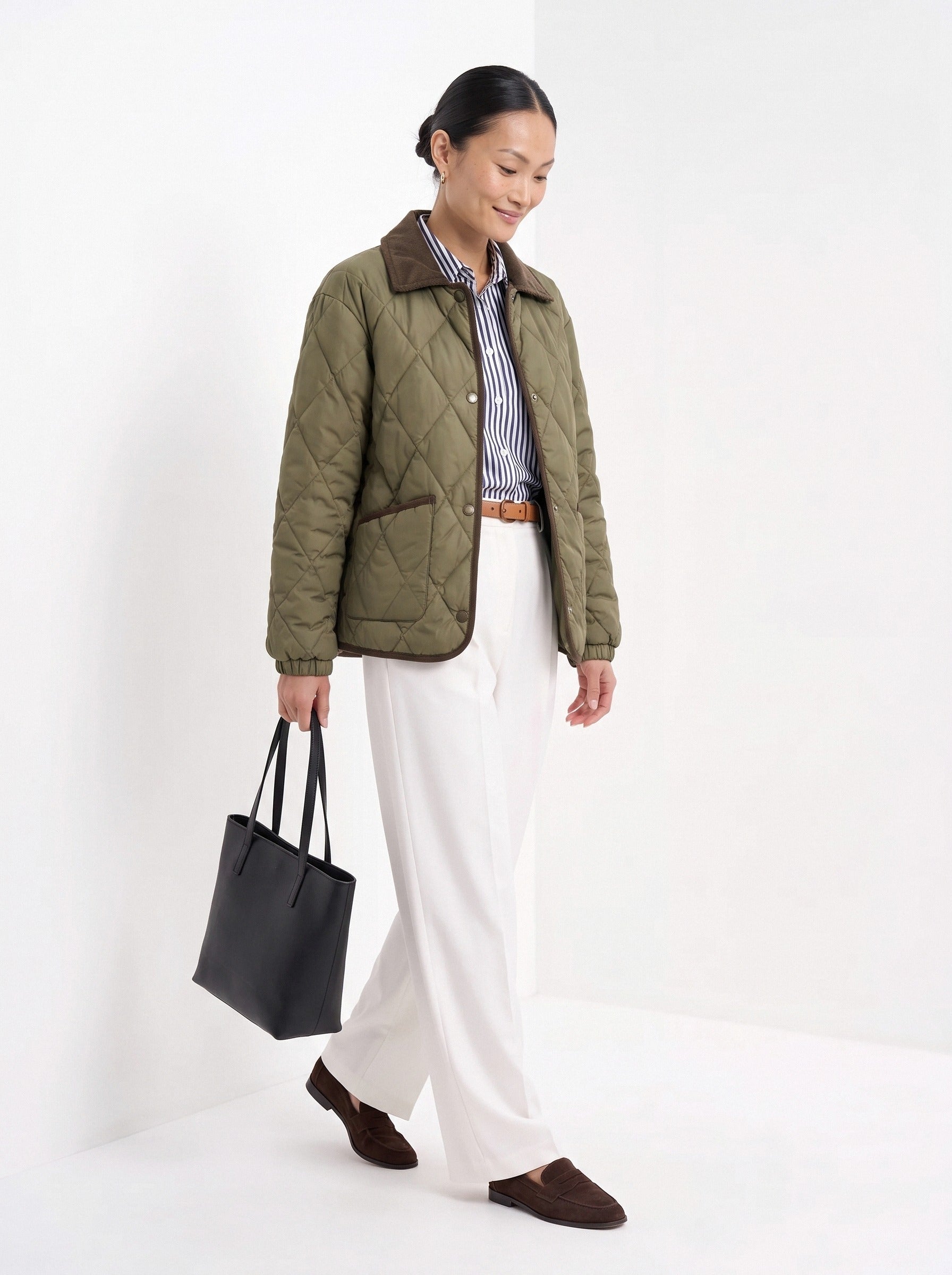 BLENIN quilted corduroy collar jacket in olive, full outfit, walking