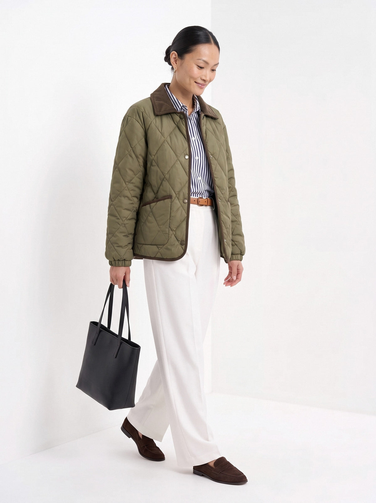 BLENIN quilted corduroy collar jacket in olive, full outfit, walking