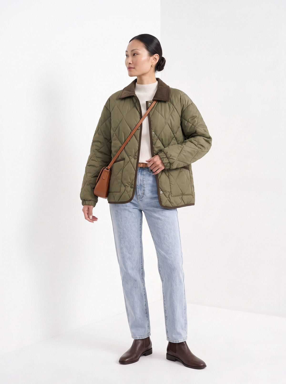 BLENIN quilted corduroy collar jacket in olive, three-quarter view