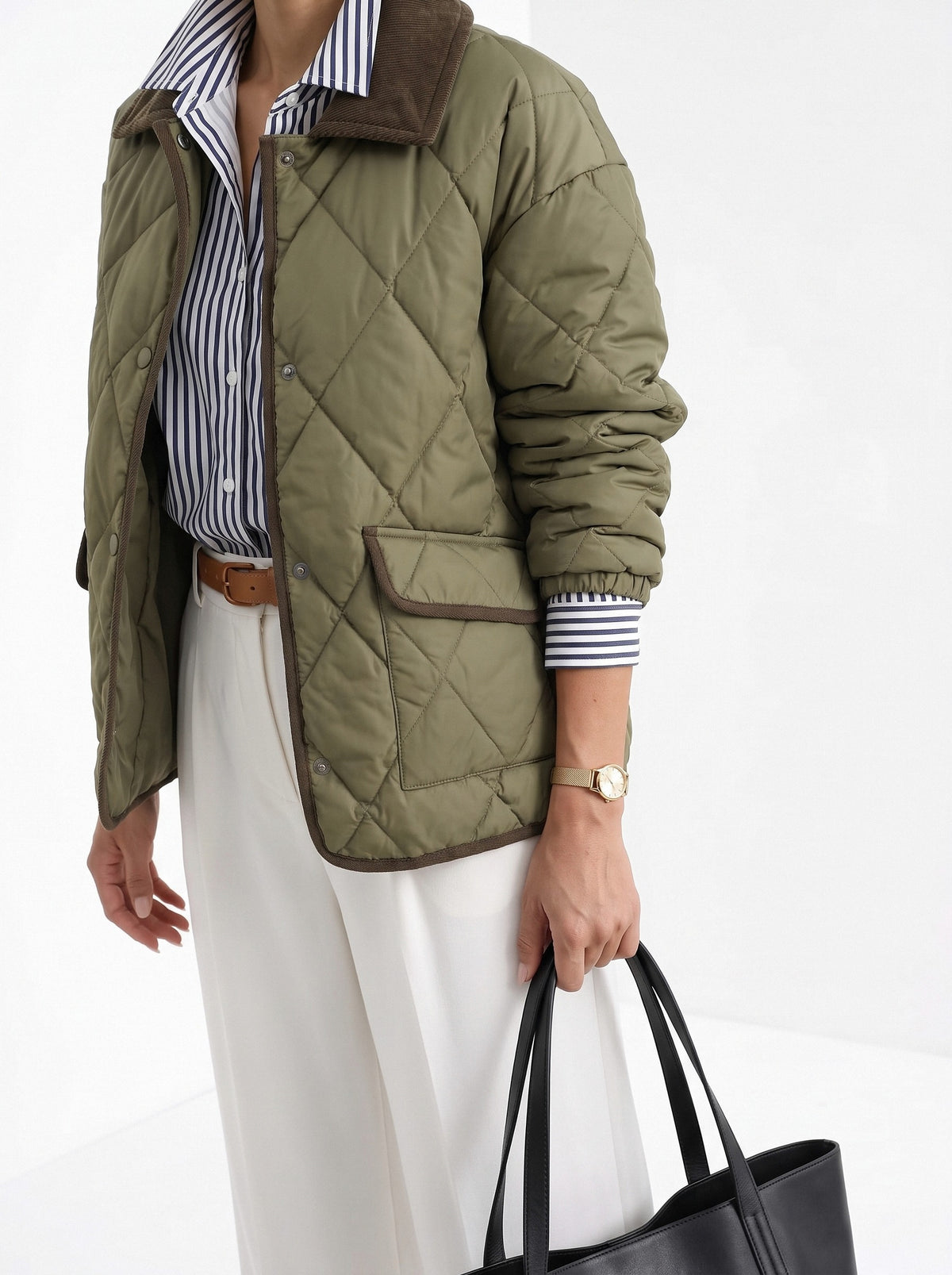 BLENIN quilted corduroy collar jacket in olive, fit detail at the hem and cuff