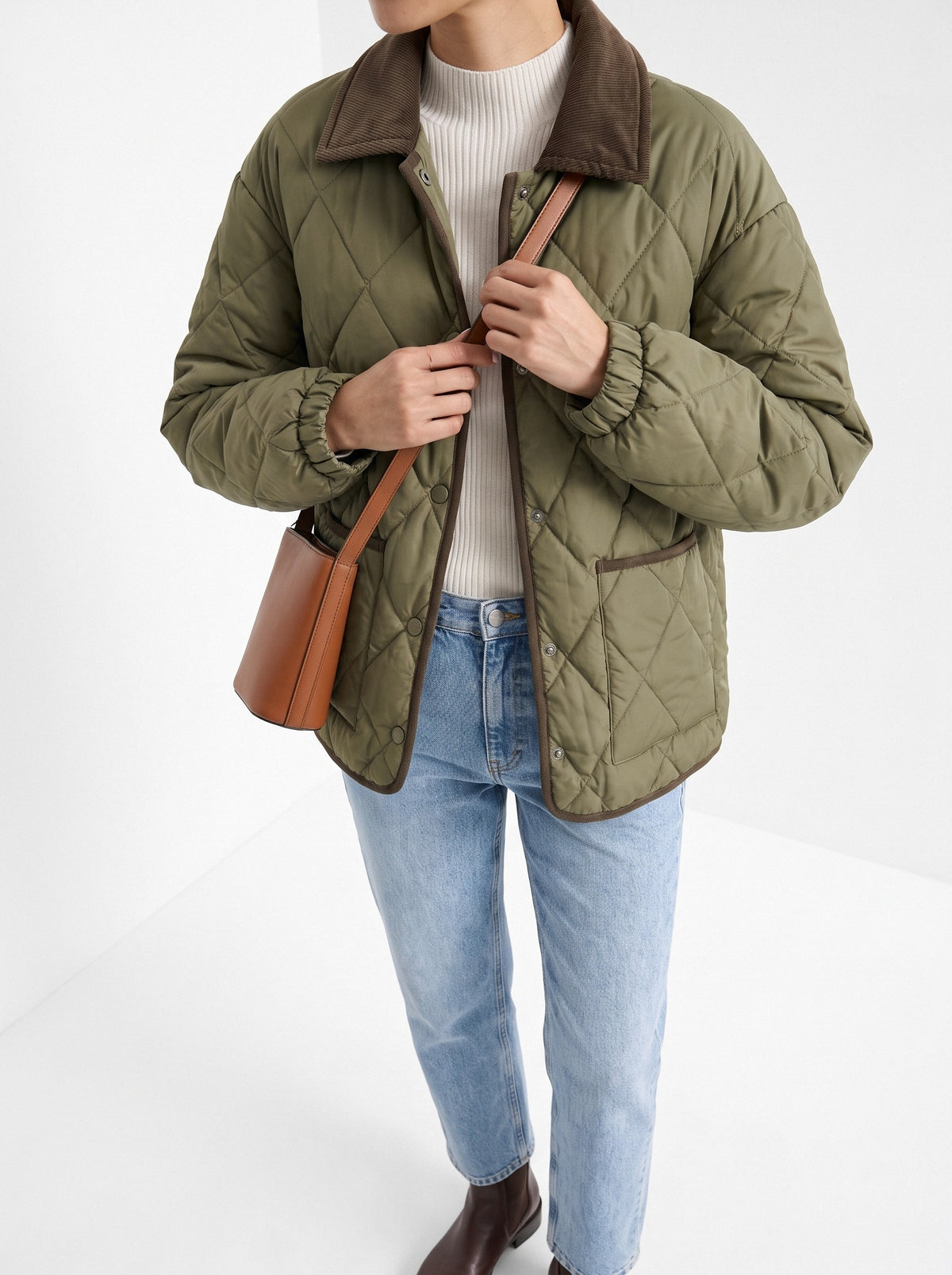 BLENIN quilted corduroy collar jacket in olive, styled detail