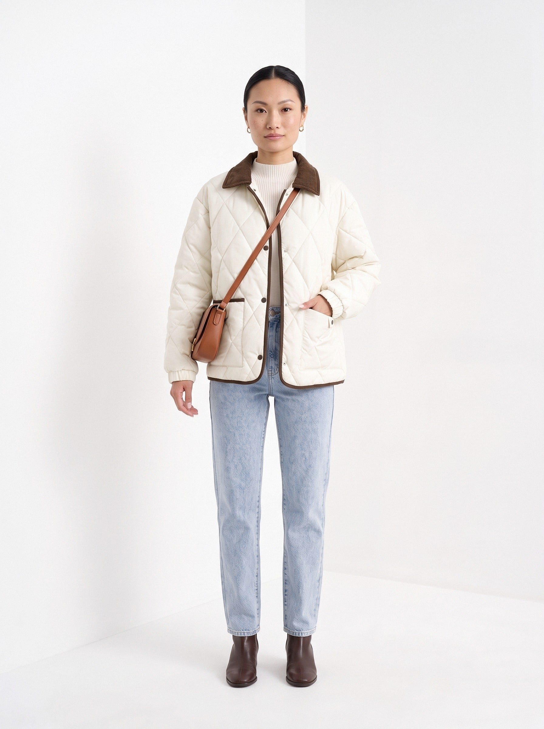BLENIN quilted corduroy collar jacket in cream, full-length front view