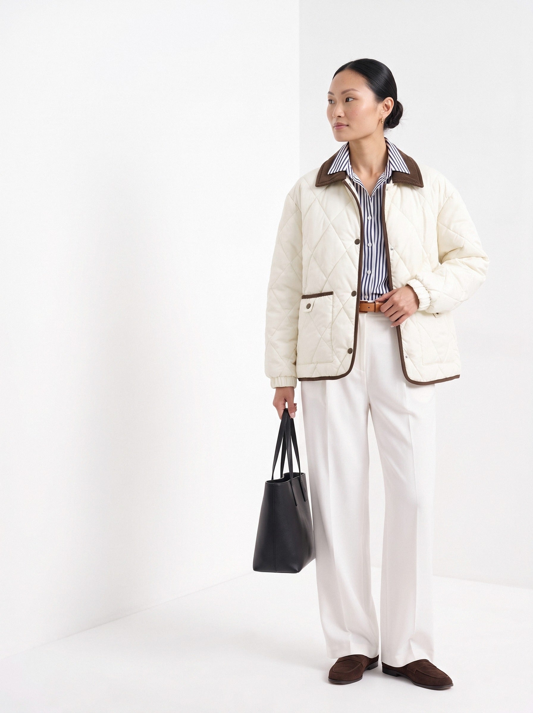 BLENIN quilted corduroy collar jacket in cream, three-quarter view