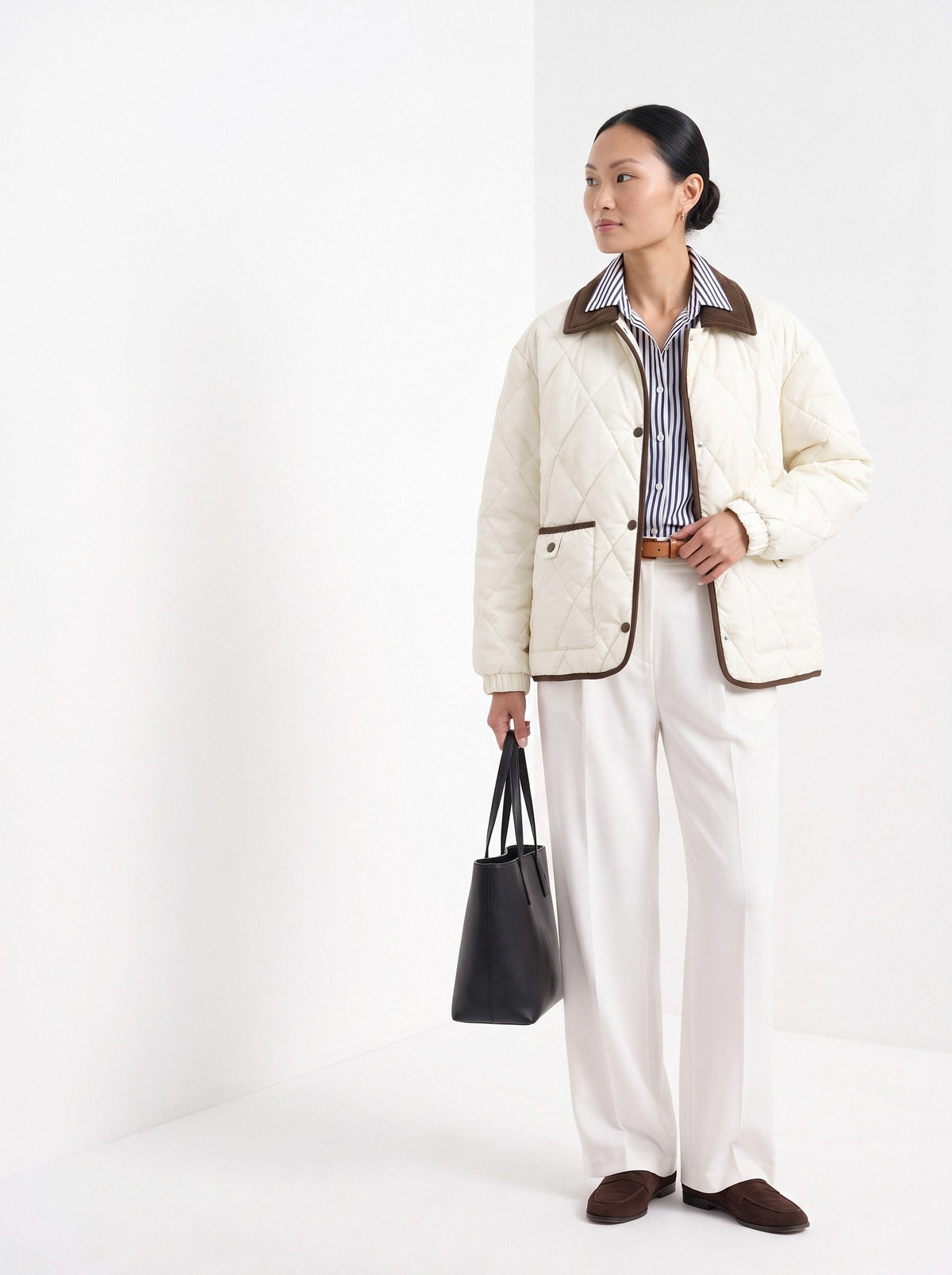 BLENIN quilted corduroy collar jacket in cream, three-quarter view