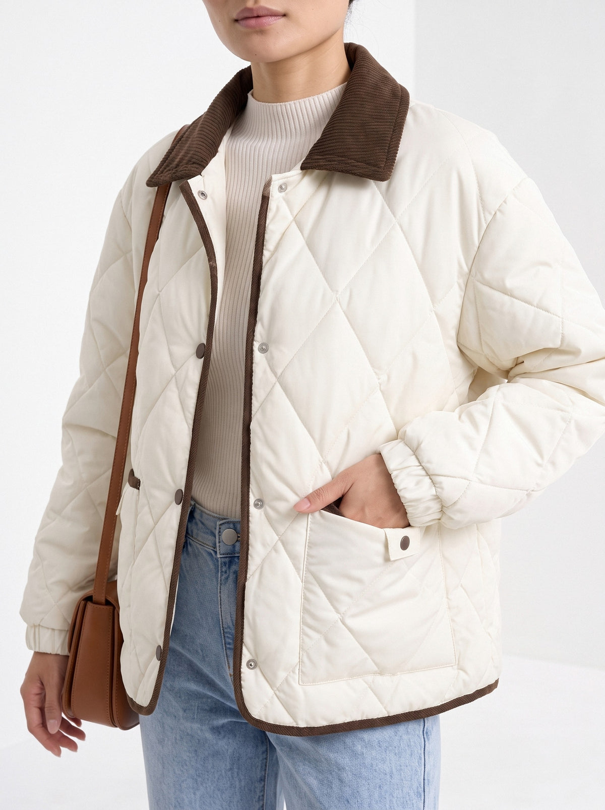 BLENIN quilted corduroy collar jacket in cream, close-up of the details