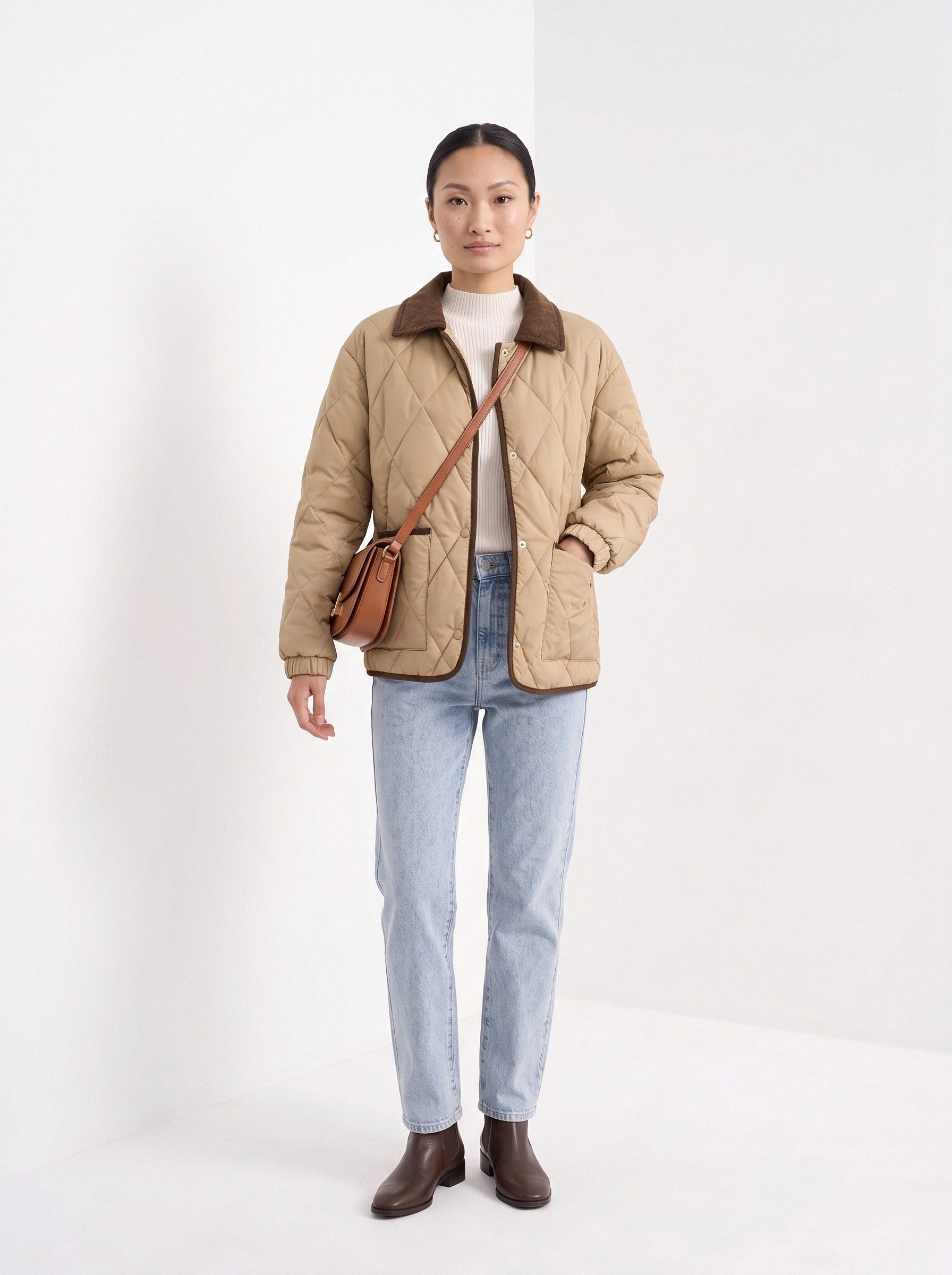 BLENIN quilted corduroy collar jacket in tan, full-length front view