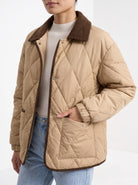 BLENIN quilted corduroy collar jacket in tan, close-up of the details