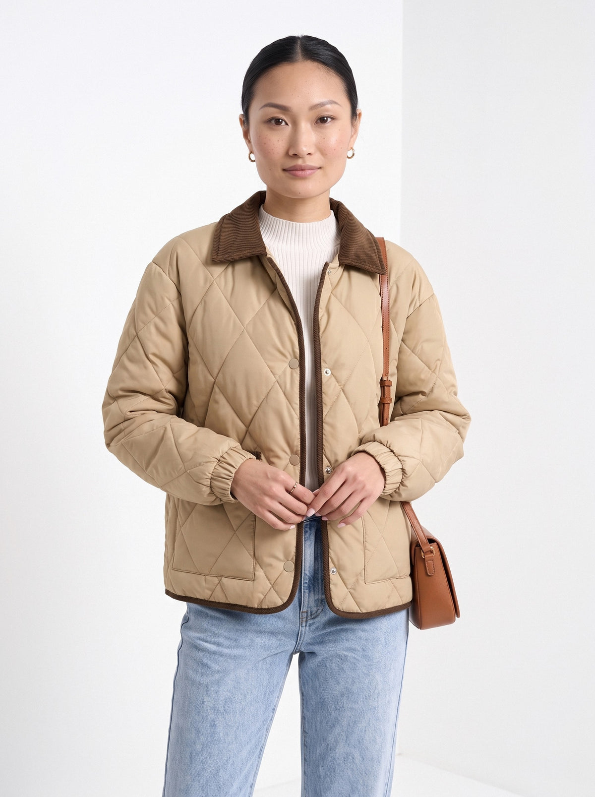 BLENIN quilted corduroy collar jacket in tan, front portrait