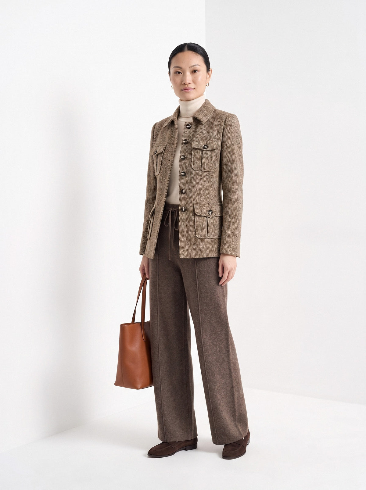 BLENIN herringbone field jacket in camel, full-length front view