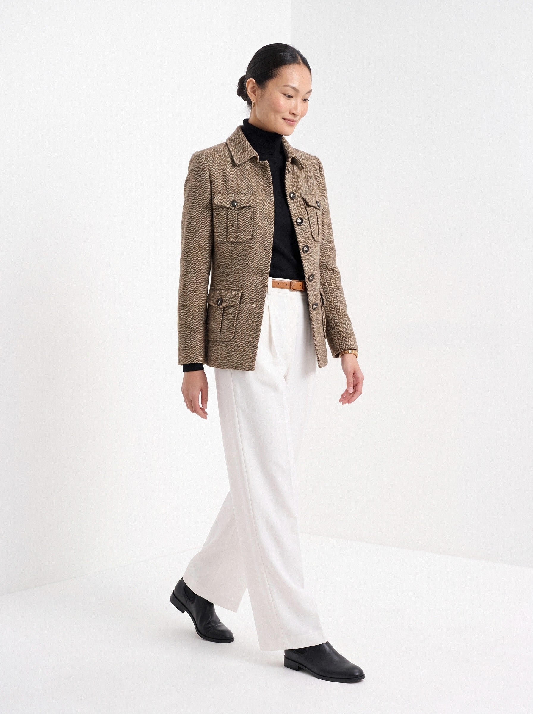 BLENIN herringbone field jacket in camel, full outfit, walking