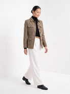 BLENIN herringbone field jacket in camel, full outfit, walking