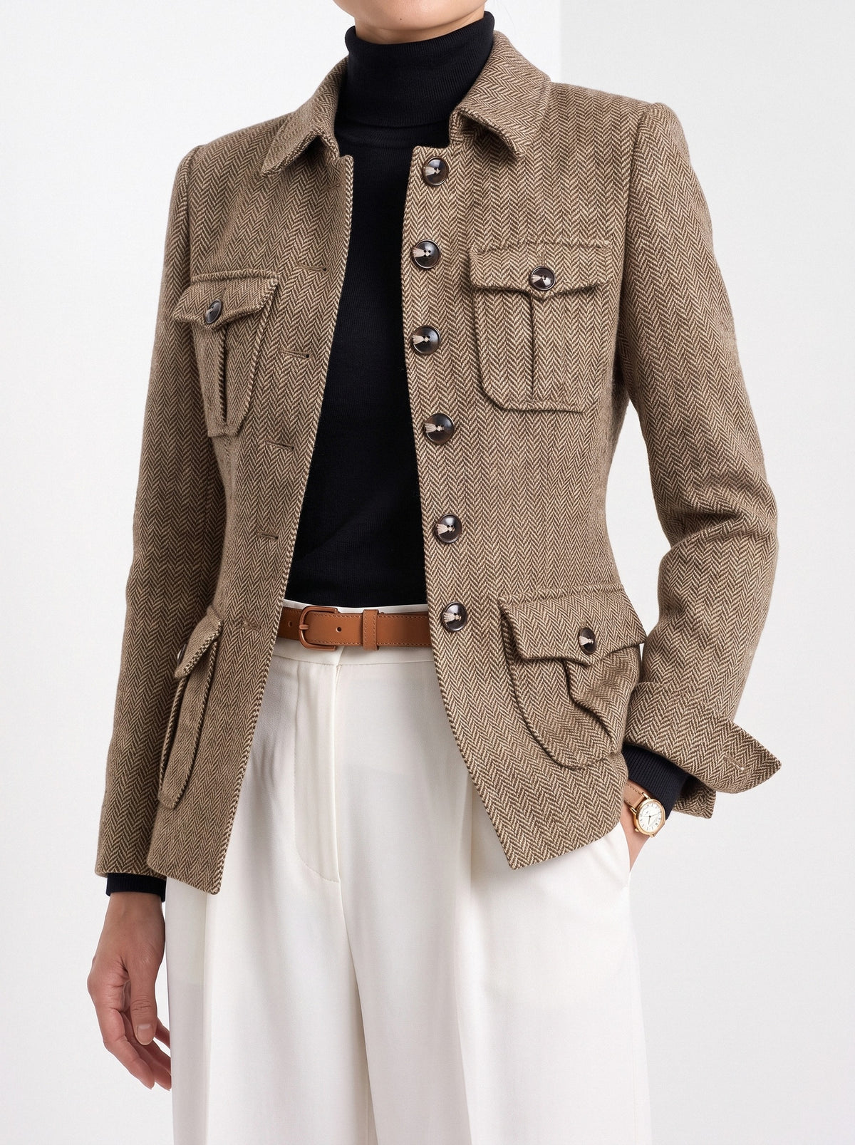 BLENIN herringbone field jacket in camel, fit detail at the hem and cuff