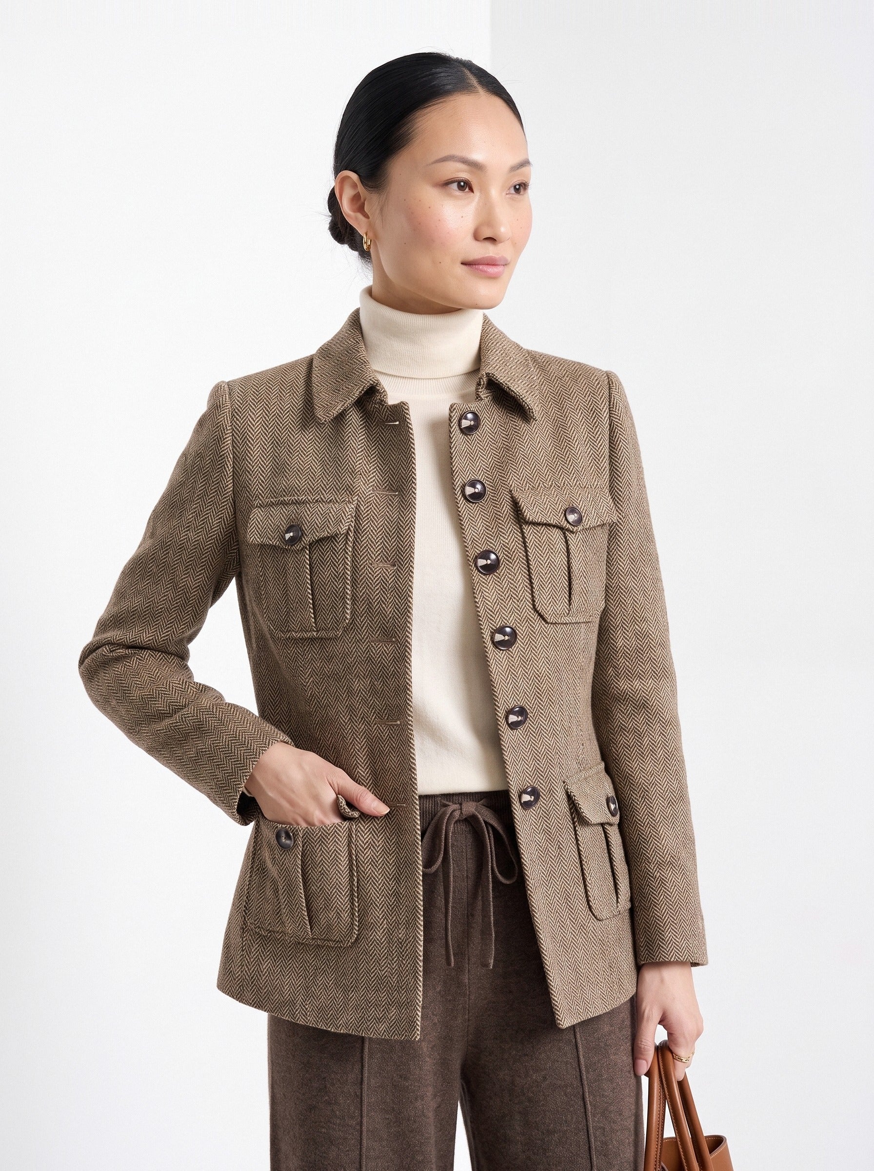 BLENIN herringbone field jacket in camel, front portrait