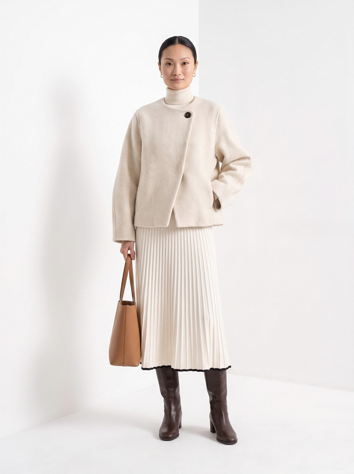 BLENIN collarless short coat in cream, full-length front view