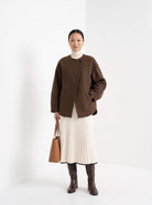 BLENIN collarless short coat in chocolate, full-length front view