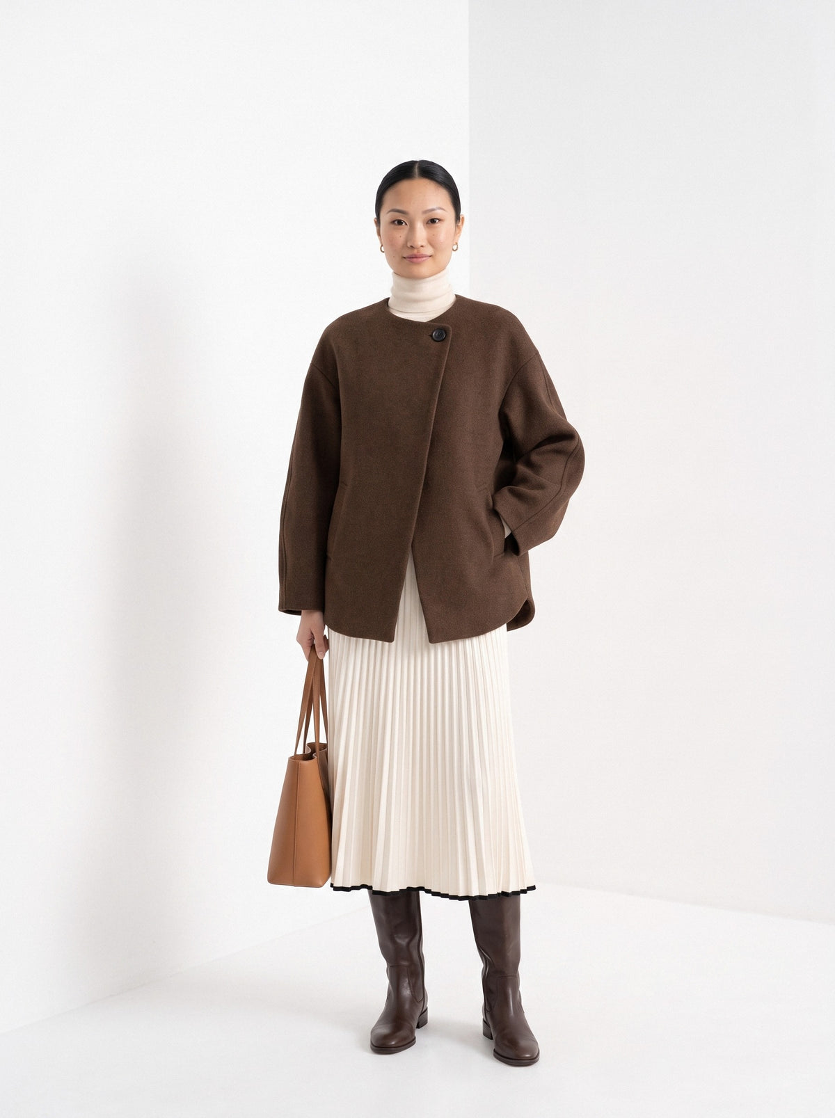 BLENIN collarless short coat in chocolate, full-length front view