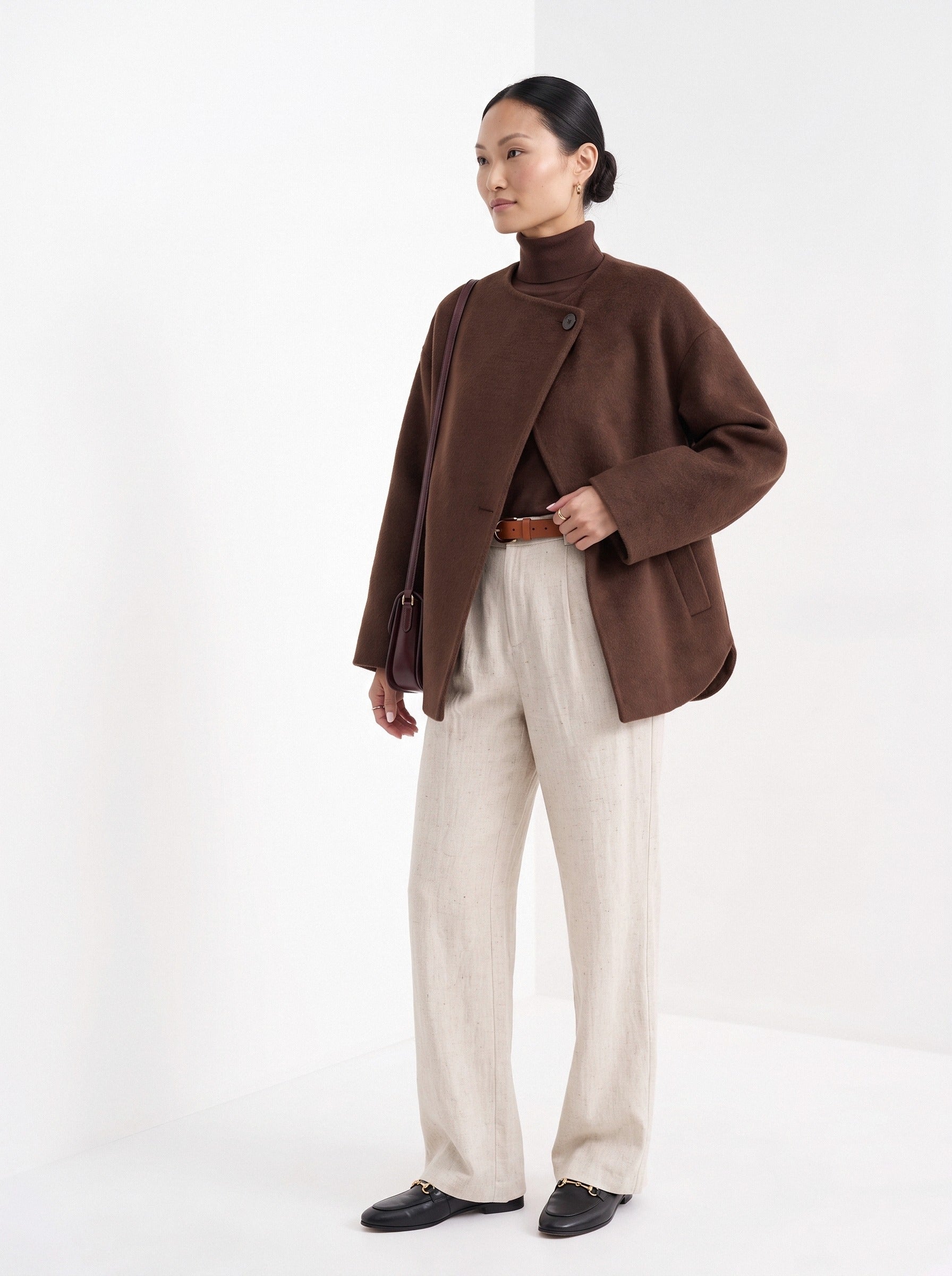 BLENIN collarless short coat in chocolate, three-quarter view