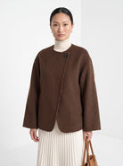 BLENIN collarless short coat in chocolate, front portrait