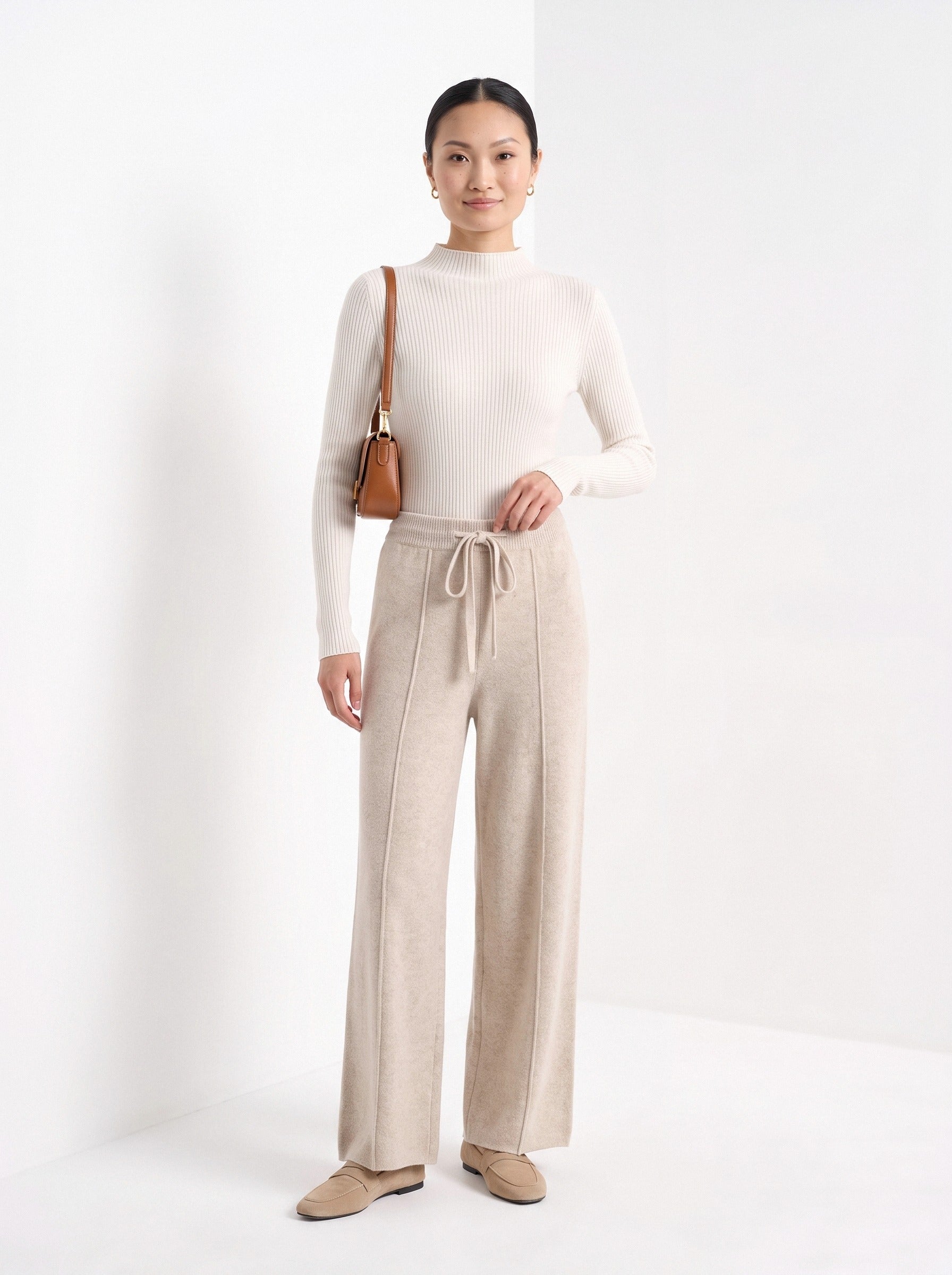 BLENIN knit wide leg trousers in beige, full-length front view