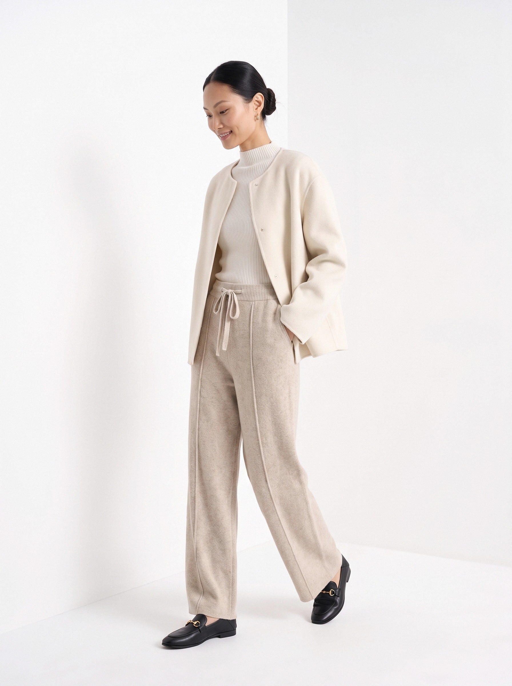 BLENIN knit wide leg trousers in beige, full outfit, walking