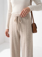 BLENIN knit wide leg trousers in beige, close-up of the details