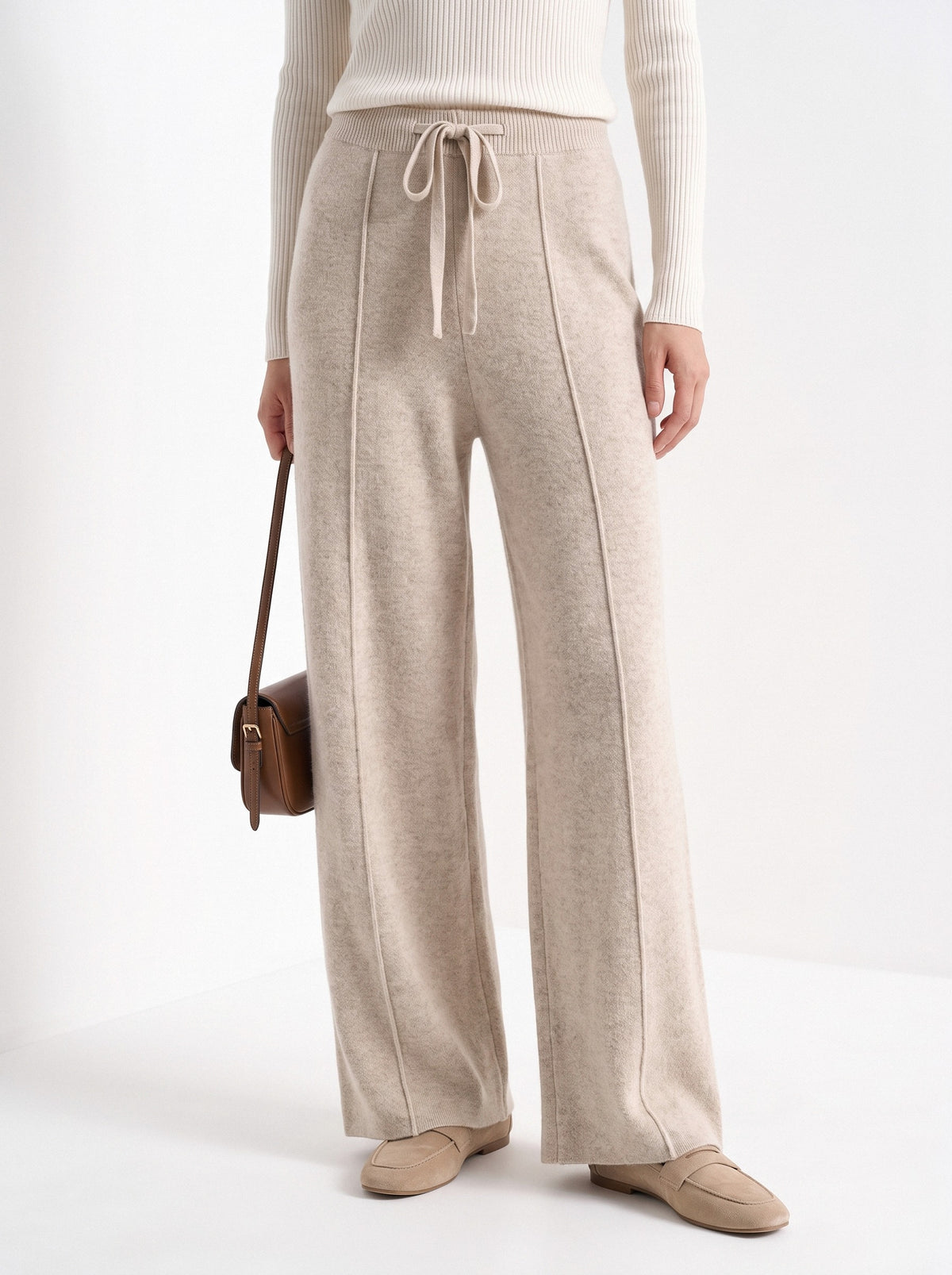 BLENIN knit wide leg trousers in beige, hem and shoes detail