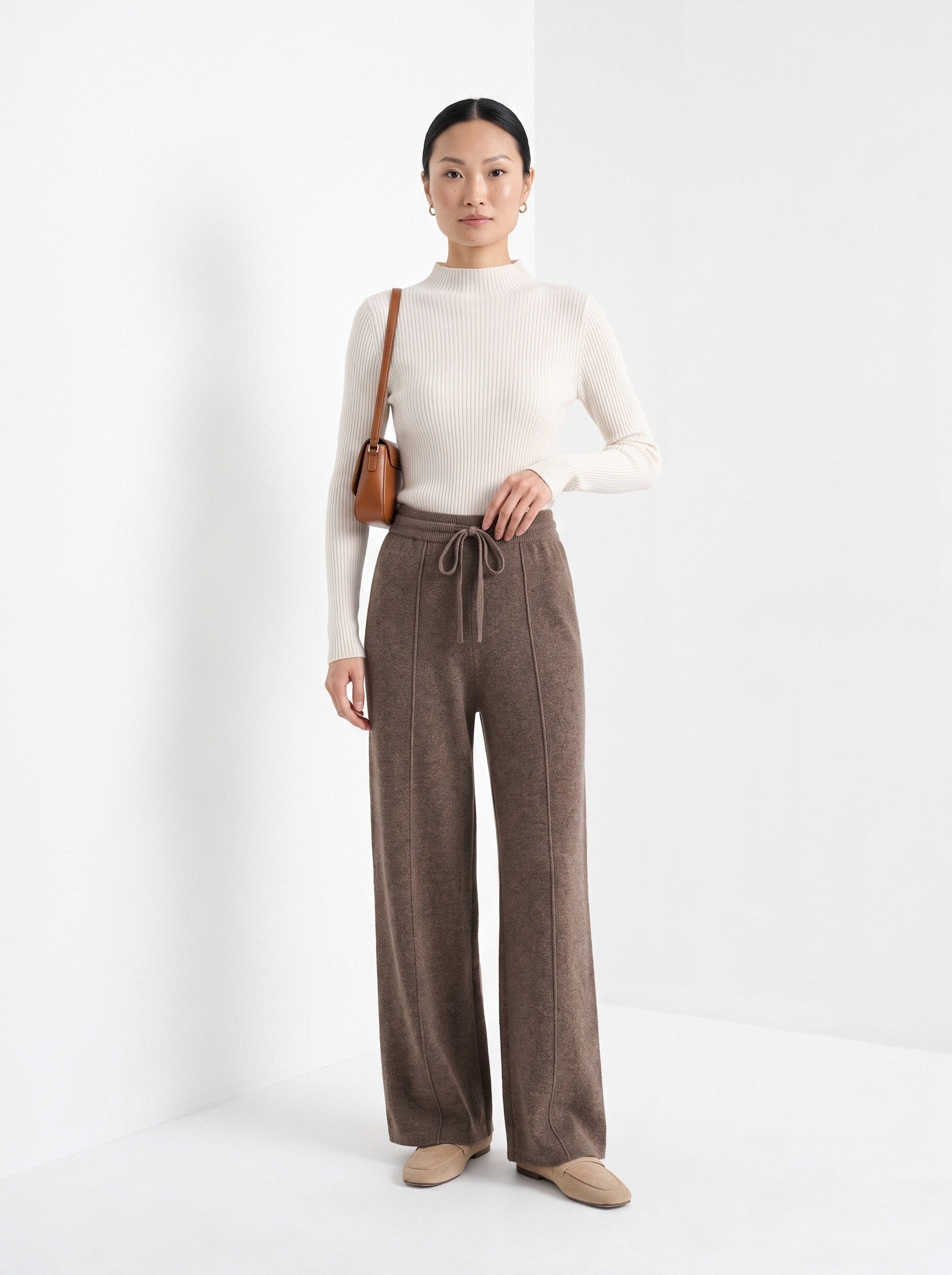 BLENIN knit wide leg trousers in mocha, full-length front view