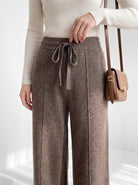 BLENIN knit wide leg trousers in mocha, close-up of the details