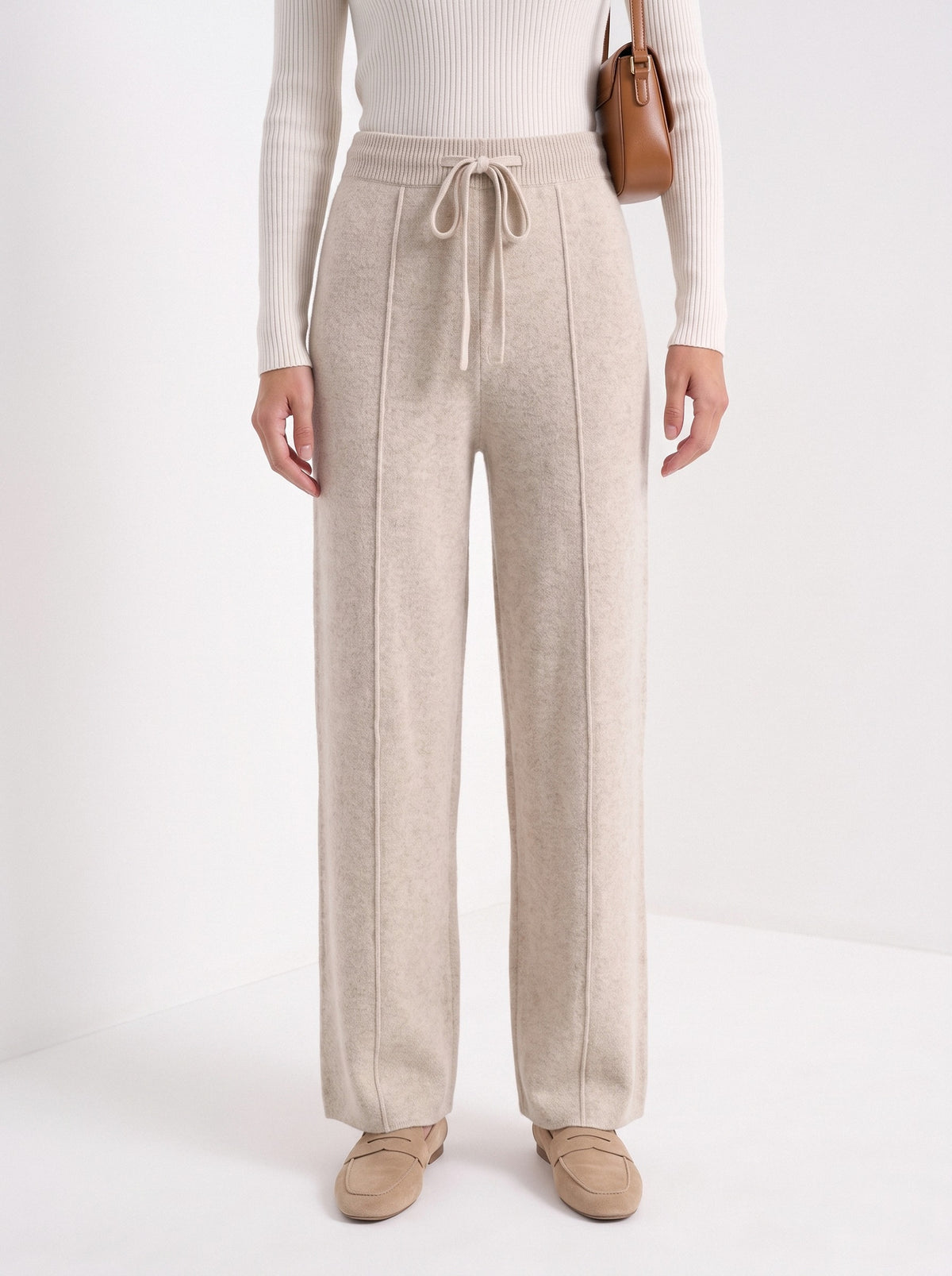 BLENIN knit wide leg trousers in beige, front portrait