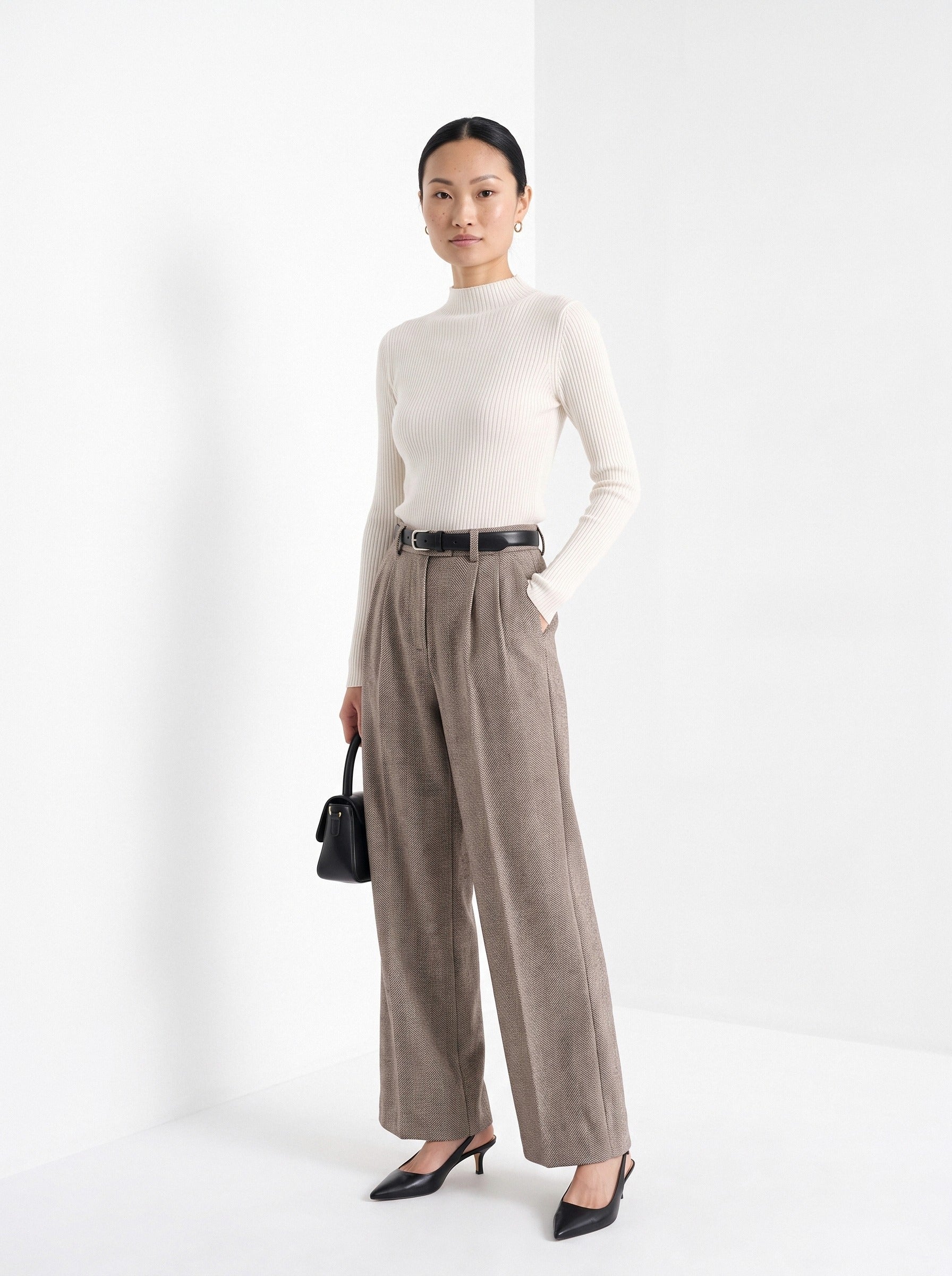 BLENIN herringbone wide leg trousers in coffee, full-length front view