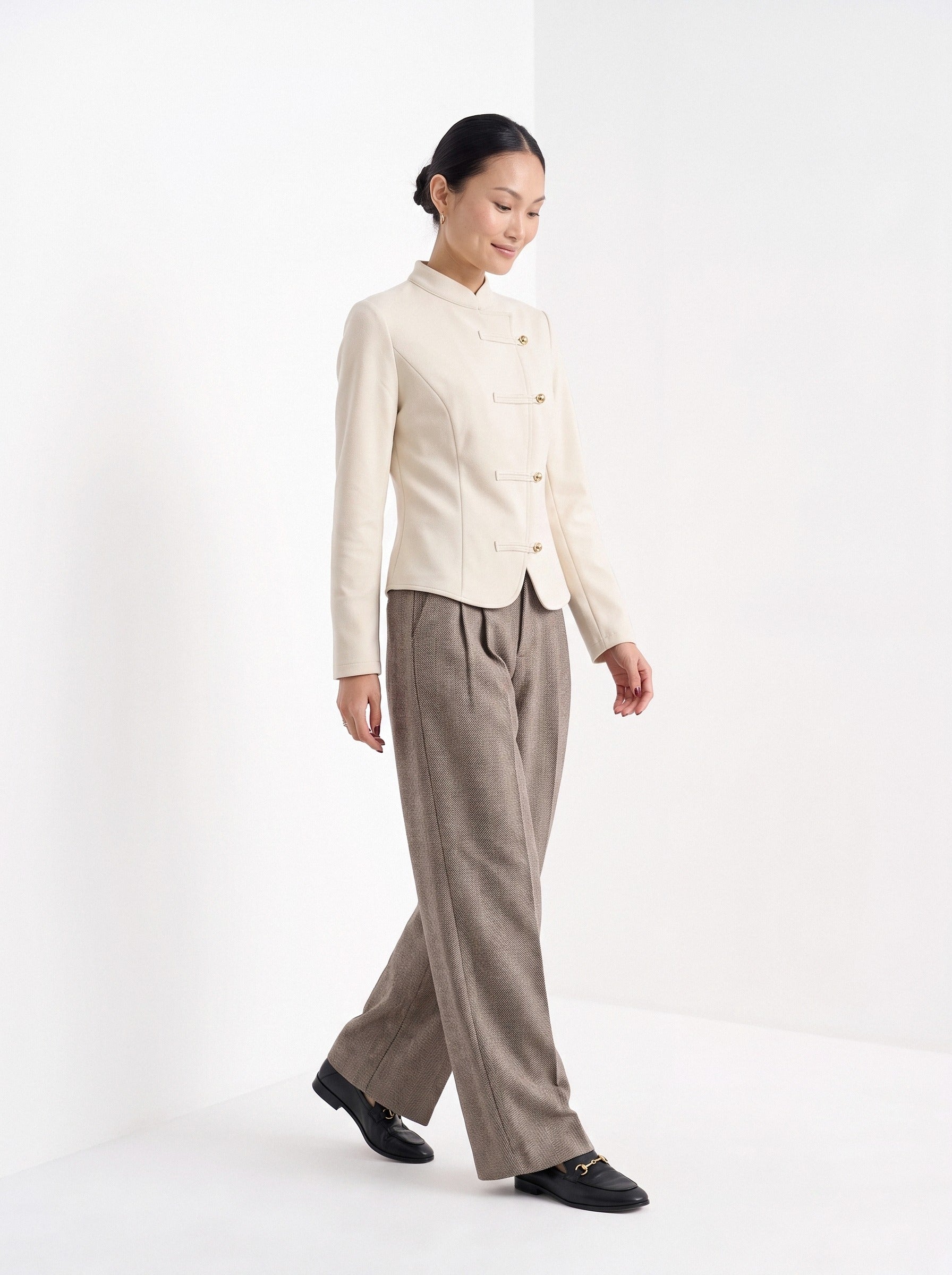 BLENIN herringbone wide leg trousers in coffee, full outfit, walking