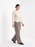 BLENIN herringbone wide leg trousers in coffee, full outfit, walking