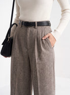 BLENIN herringbone wide leg trousers in coffee, close-up of the details