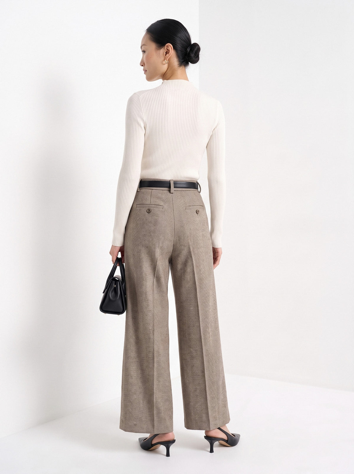 BLENIN herringbone wide leg trousers in coffee, back view