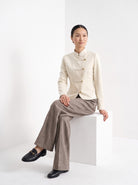 BLENIN herringbone wide leg trousers in coffee, seated, full outfit