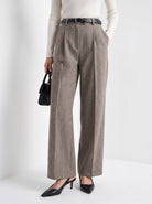 BLENIN herringbone wide leg trousers in coffee, hem and shoes detail