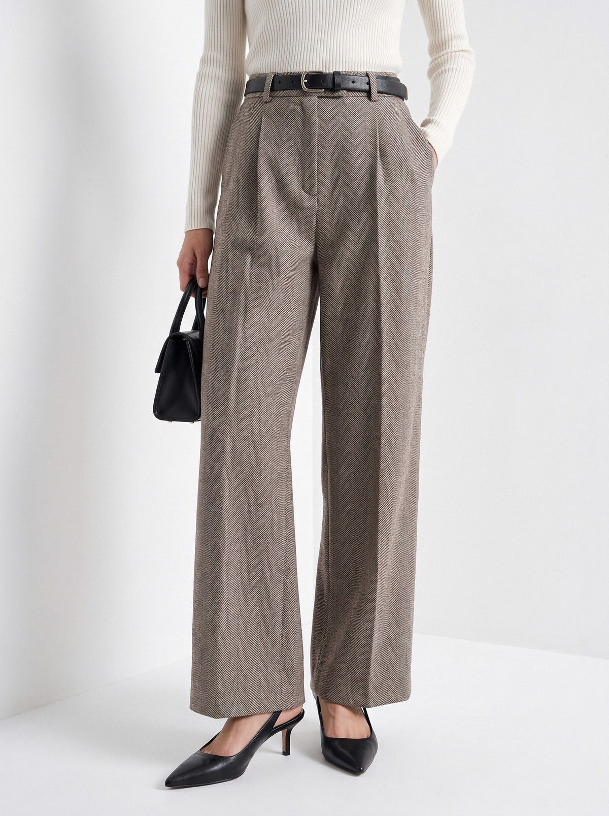 BLENIN herringbone wide leg trousers in coffee, hem and shoes detail