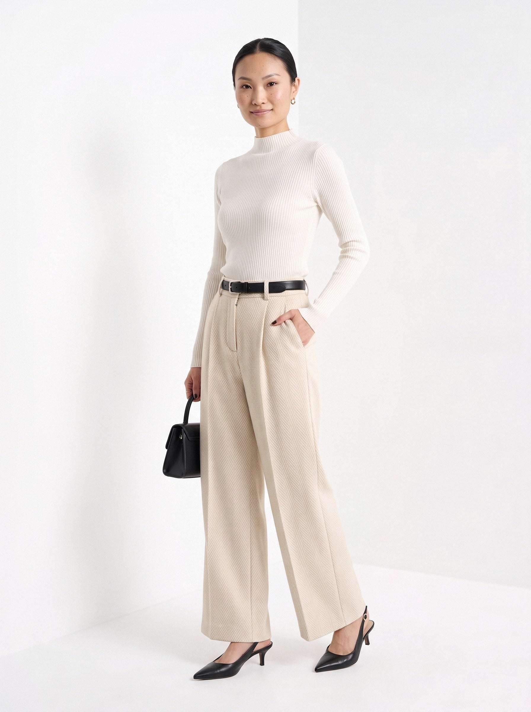 BLENIN herringbone wide leg trousers in cream, full-length front view