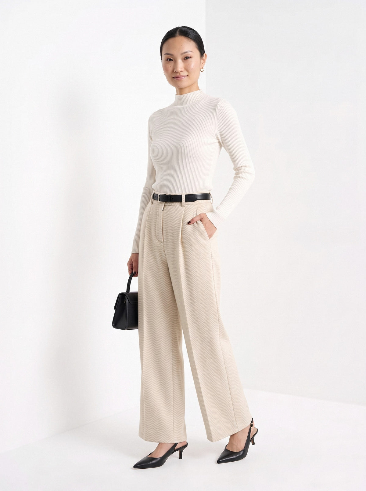 BLENIN herringbone wide leg trousers in cream, full-length front view