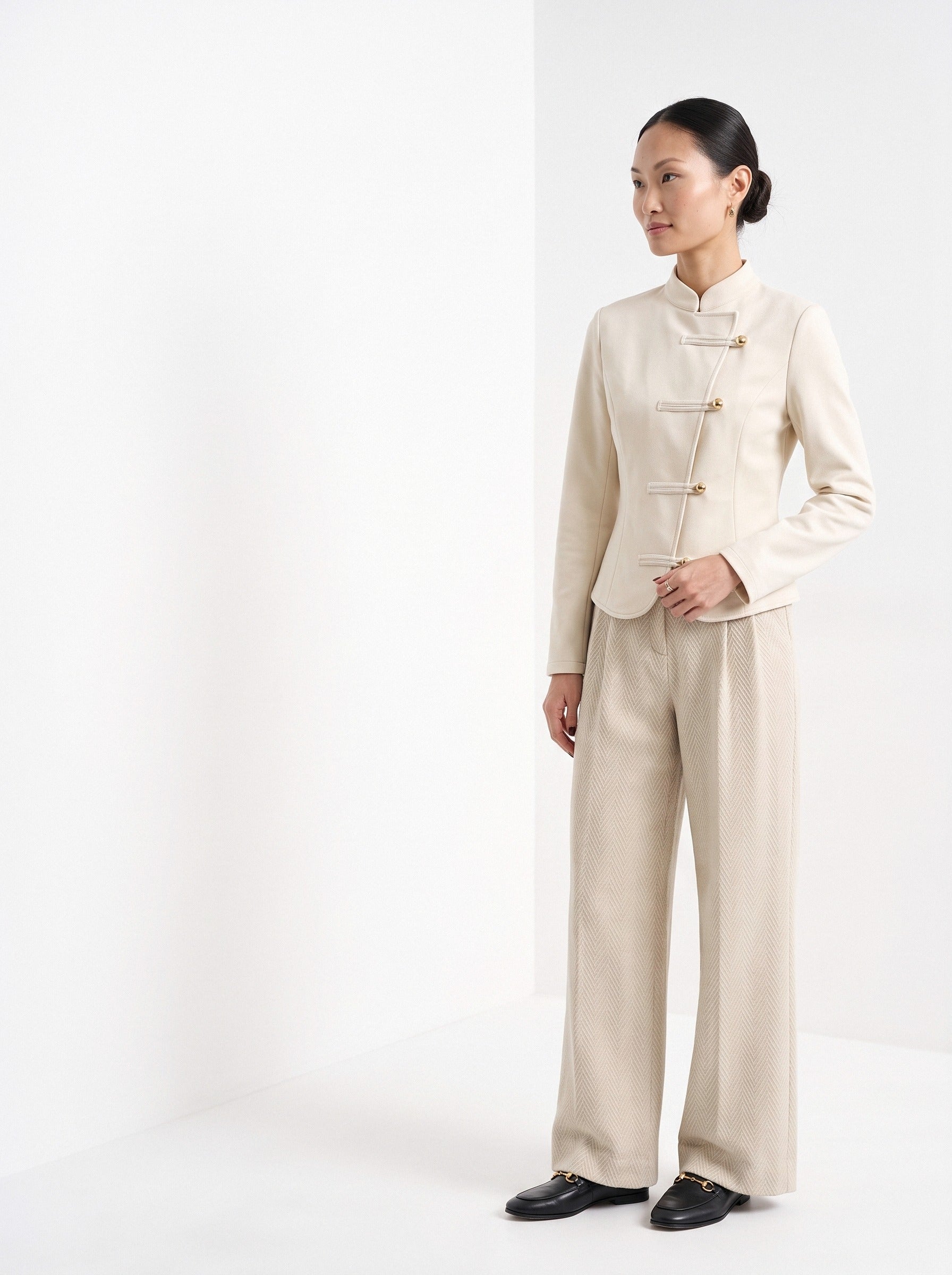 BLENIN herringbone wide leg trousers in cream, three-quarter view