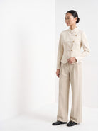BLENIN herringbone wide leg trousers in cream, three-quarter view