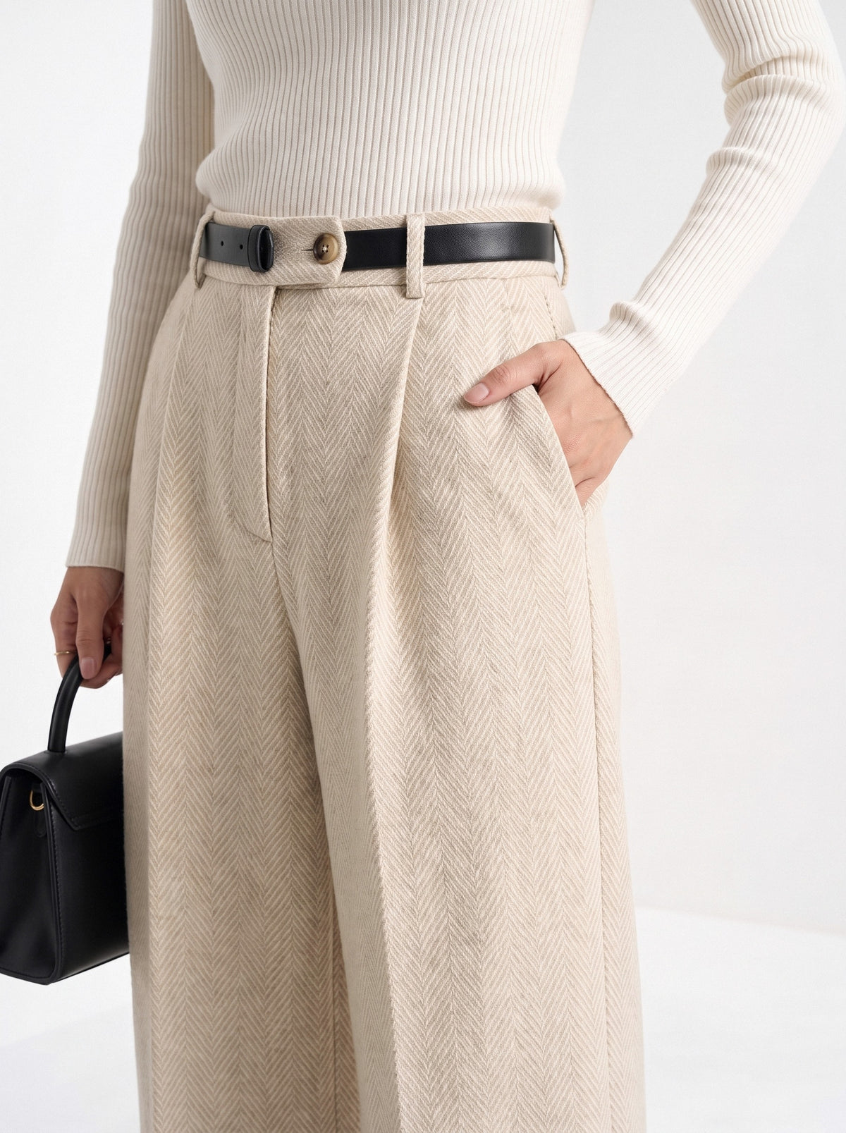 BLENIN herringbone wide leg trousers in cream, close-up of the details