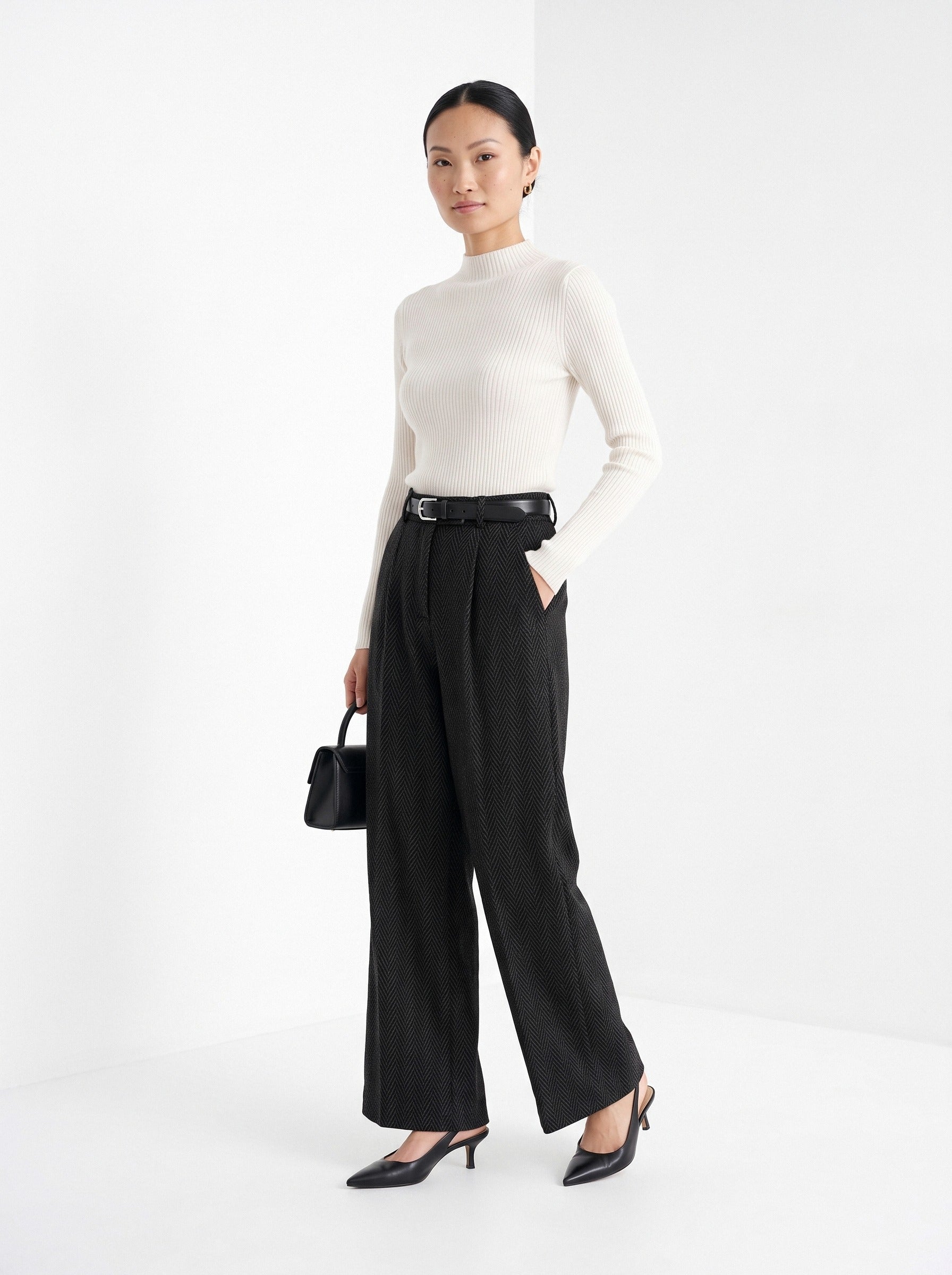 BLENIN herringbone wide leg trousers in black, full-length front view