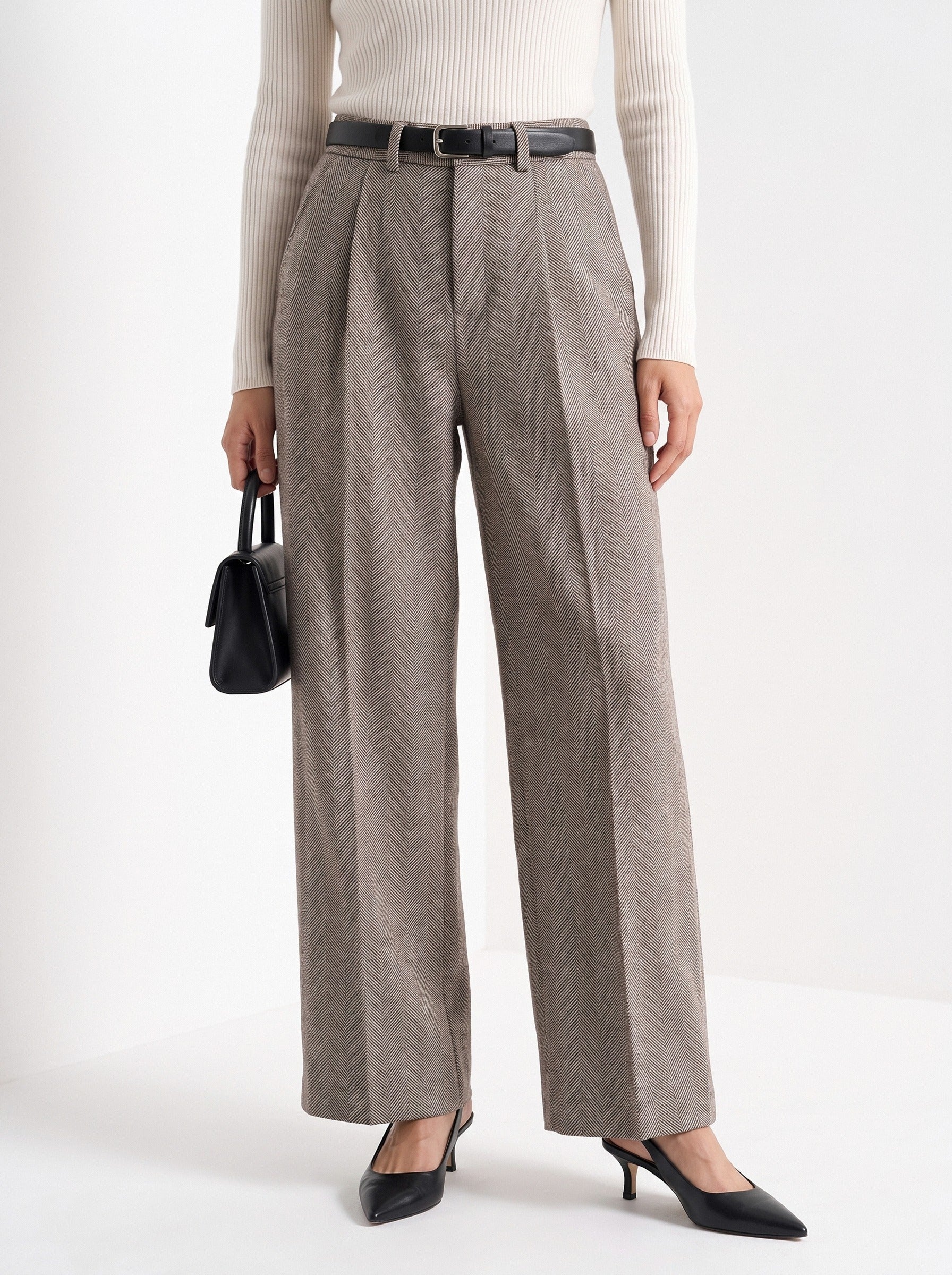 BLENIN herringbone wide leg trousers in coffee, front portrait