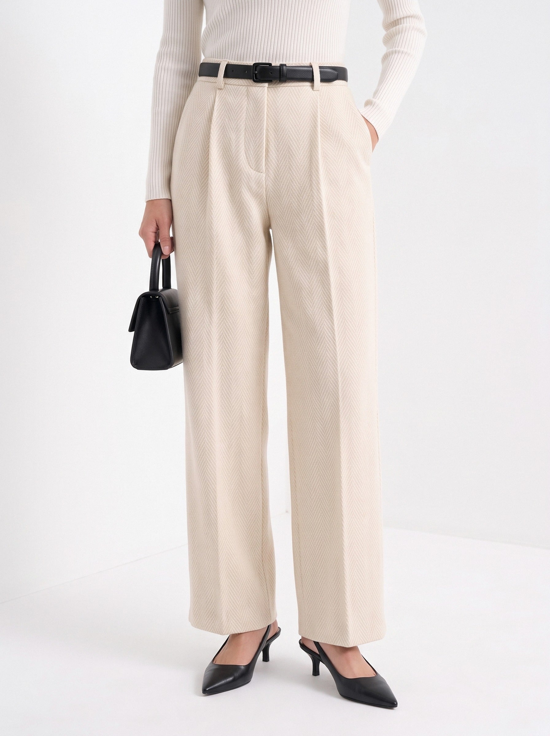 BLENIN herringbone wide leg trousers in cream, front portrait