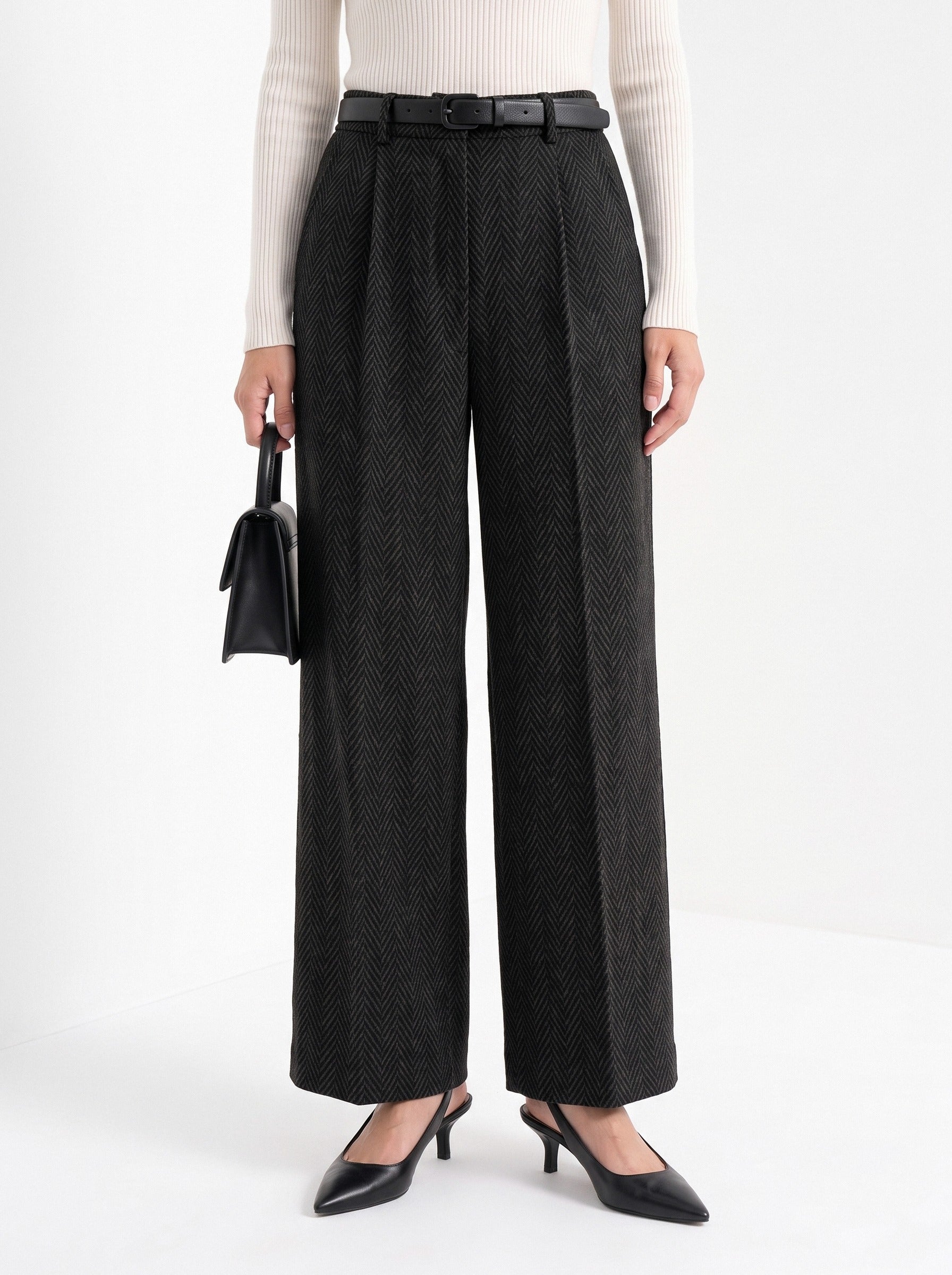 BLENIN herringbone wide leg trousers in black, front portrait