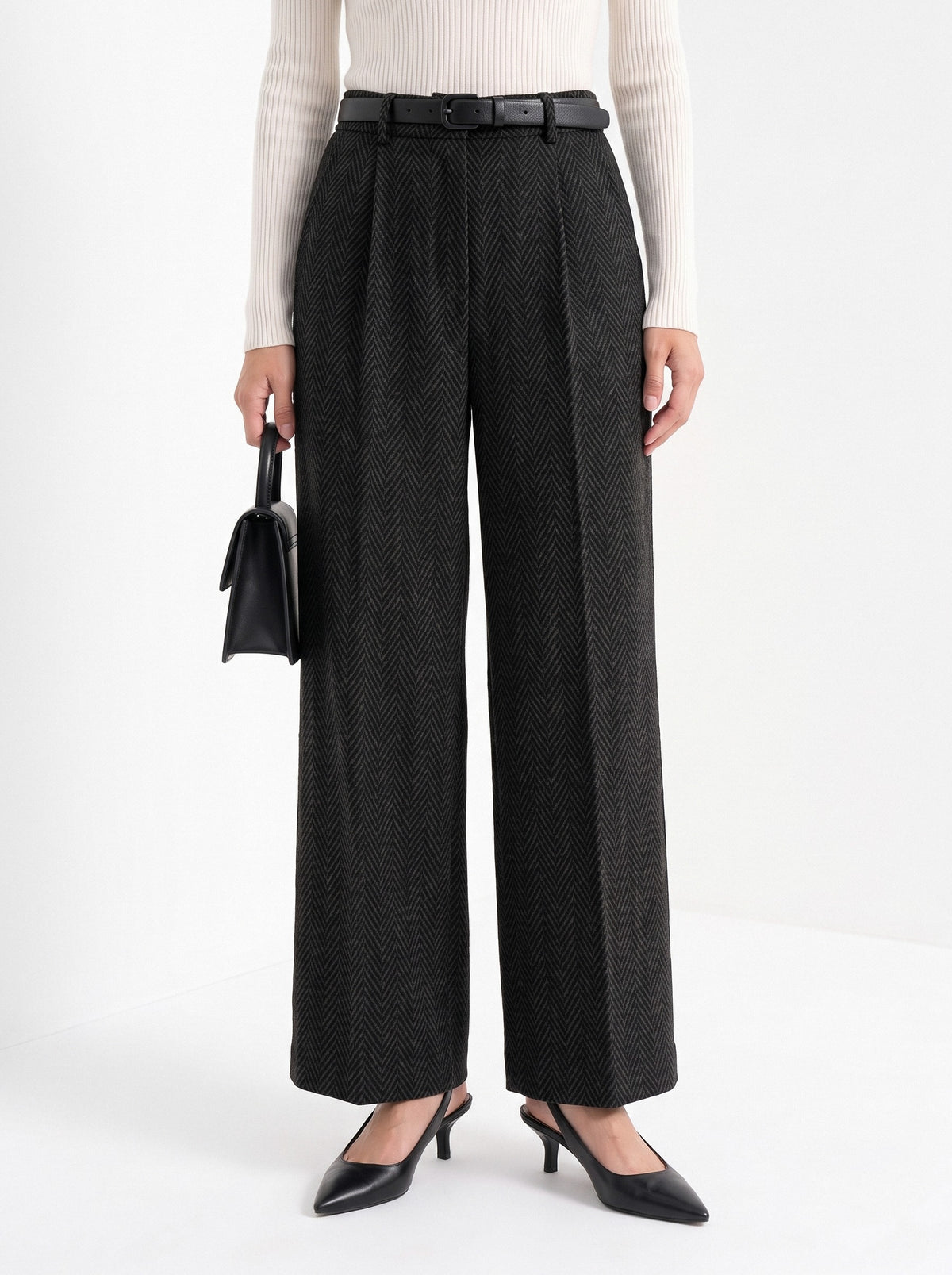 BLENIN herringbone wide leg trousers in black, front portrait